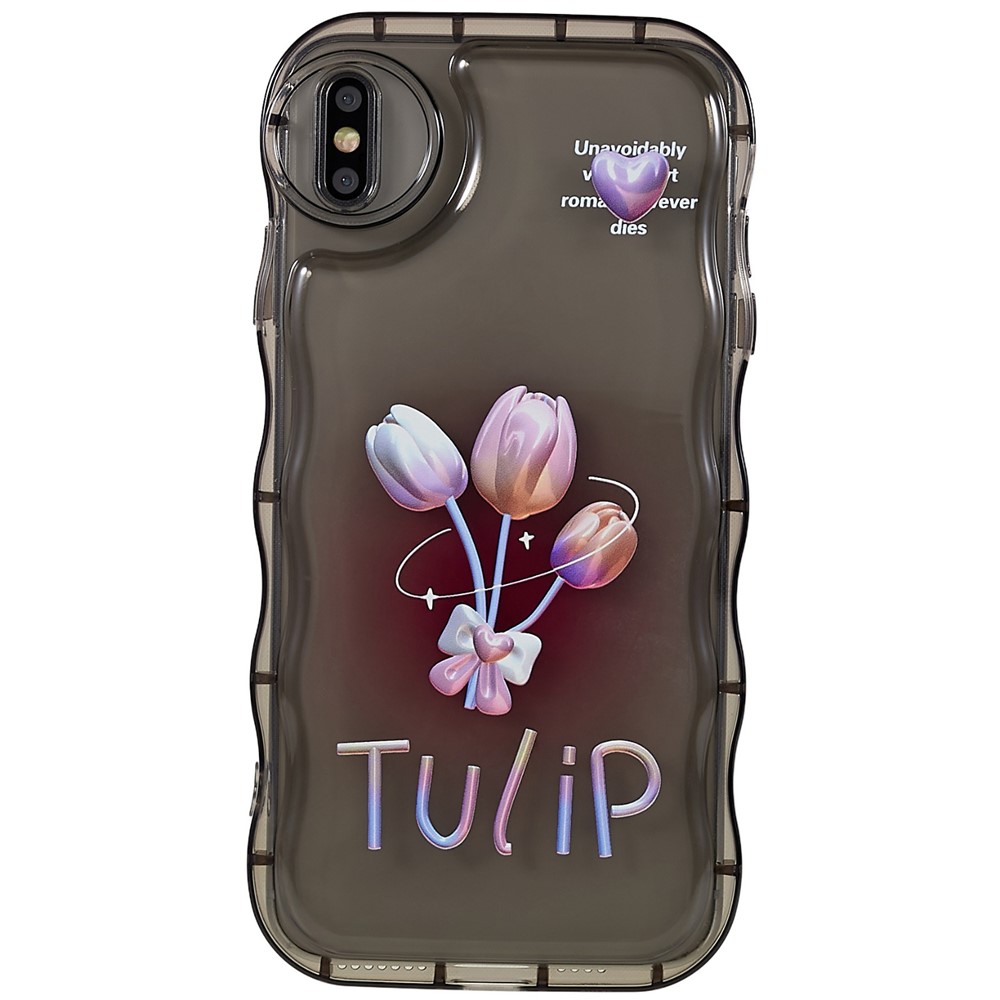 For iPhone XS Max 6.5 inch Anti-scratch Pattern Printed Cover Wave-shaped Edge Soft TPU Anti-drop Phone Case - Transparent Black / Tulip