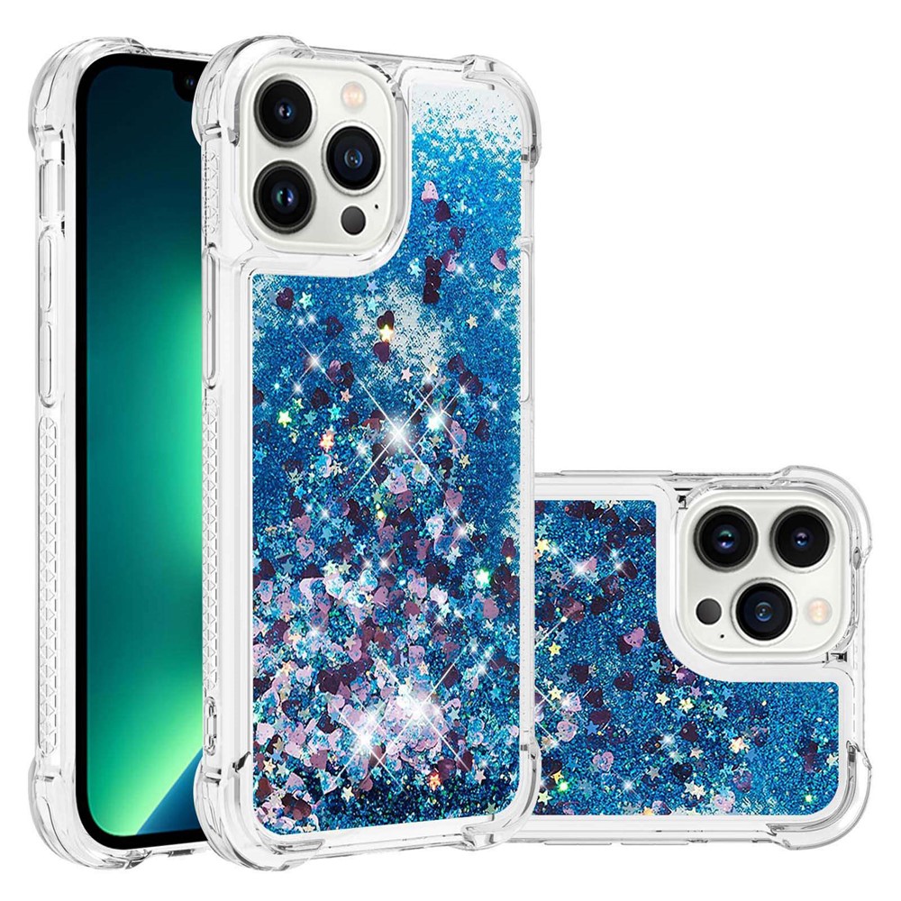 Anti-collision Phone Case for iPhone 14 Pro 6.1 inch, Anti-scratch Liquid Floating Glitter Sequins Decoration Phone Back Cover - Blue / Hearts-1