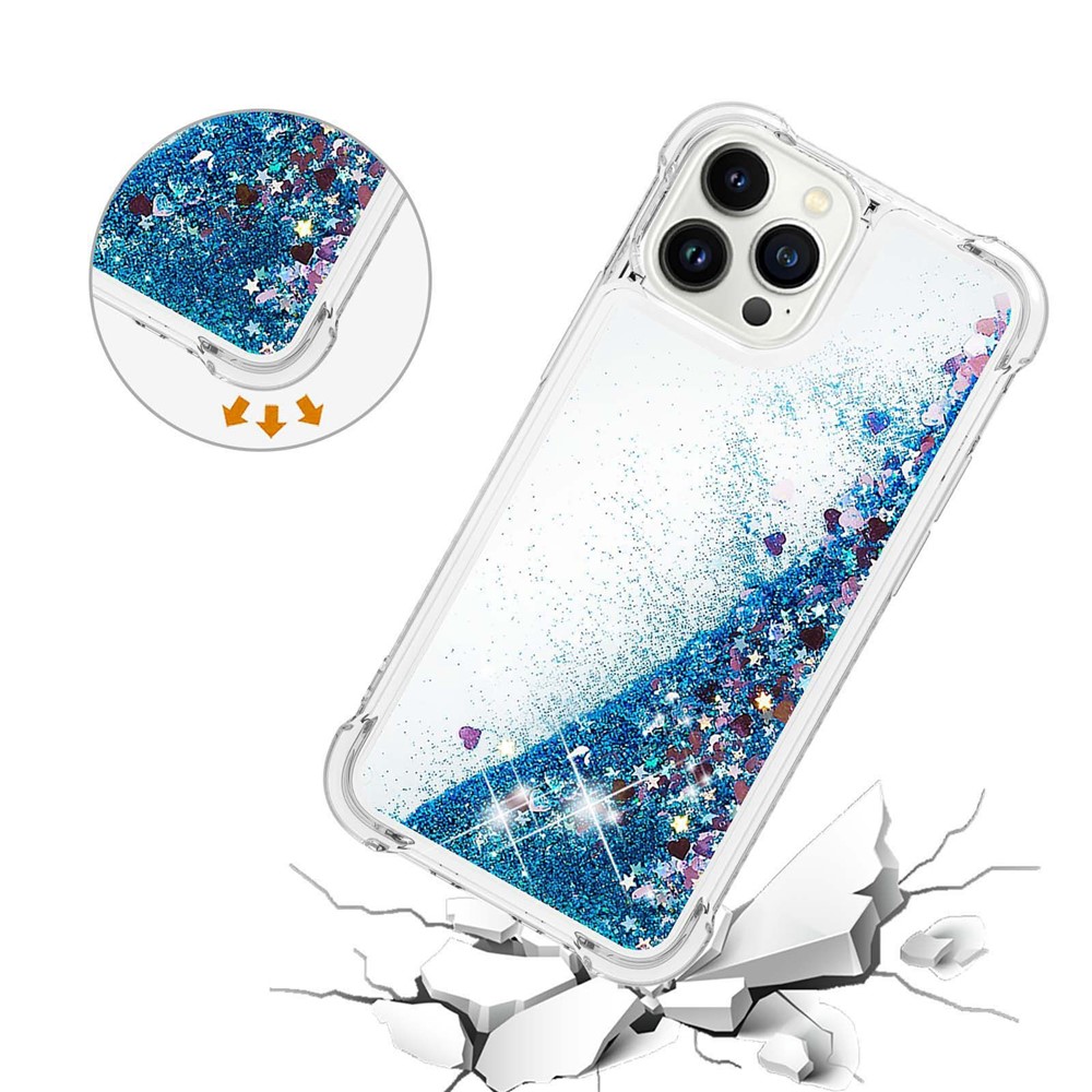 Anti-collision Phone Case for iPhone 14 Pro 6.1 inch, Anti-scratch Liquid Floating Glitter Sequins Decoration Phone Back Cover - Blue / Hearts-3