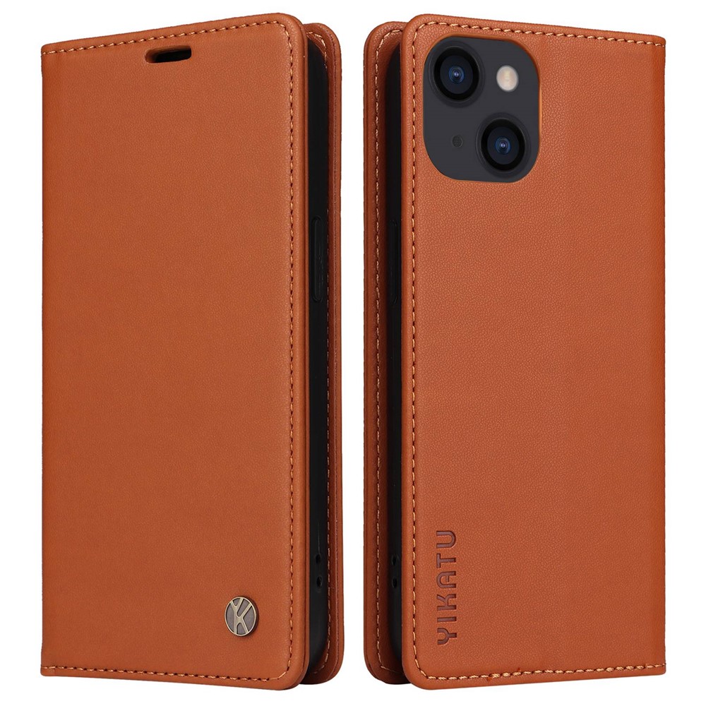 YIKATU YK- 001 for iPhone 13 mini 5.4 inch, Anti-shock PU Leather Wallet Case Stand Magnetic Closure Protective Phone Cover - Brown