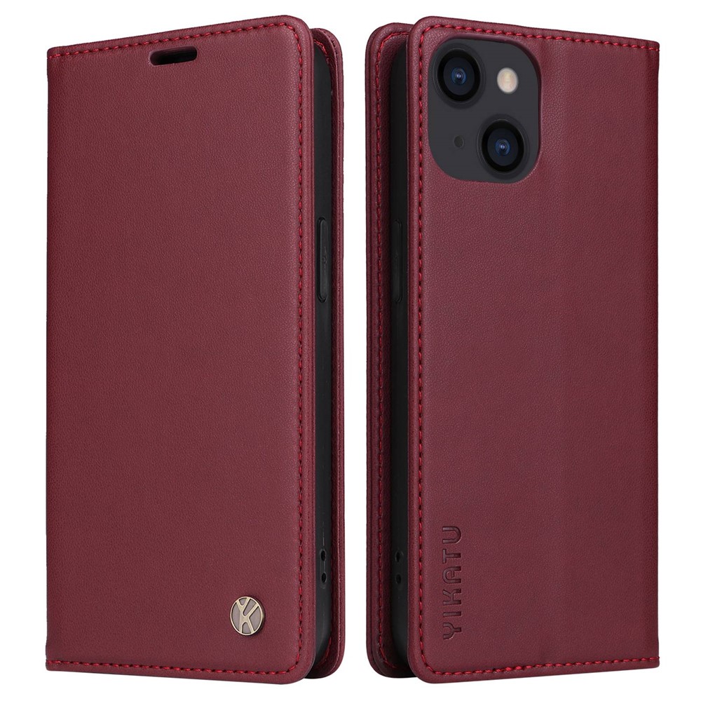 YIKATU YK- 001 for iPhone 13 mini 5.4 inch, Anti-shock PU Leather Wallet Case Stand Magnetic Closure Protective Phone Cover - Wine Red