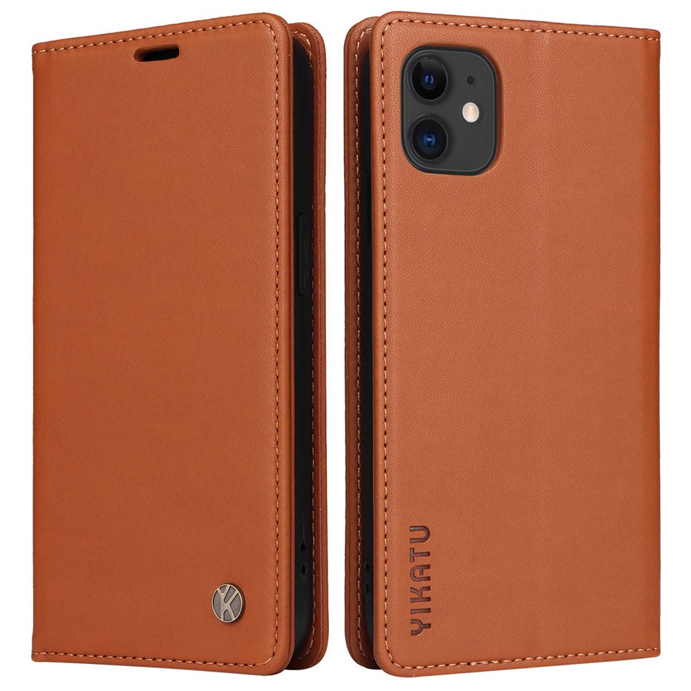 YIKATU Shockproof Phone Case for iPhone 12 mini 5.4 inch, YK- 001 Magnetic Closure Phone Cover Flip Leather Wallet Stand - Brown