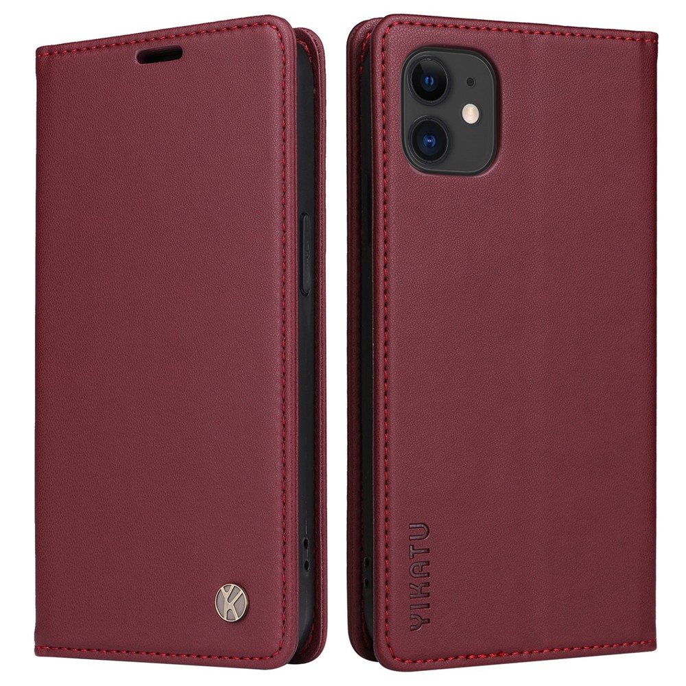YIKATU Shockproof Phone Case for iPhone 12 mini 5.4 inch, YK- 001 Magnetic Closure Phone Cover Flip Leather Wallet Stand - Wine Red