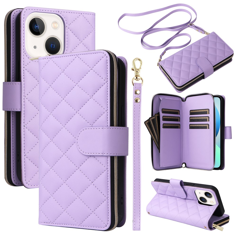 For iPhone 13 mini Case Leather Zipper Pouch Wallet Crossbody Phone Cover - Purple