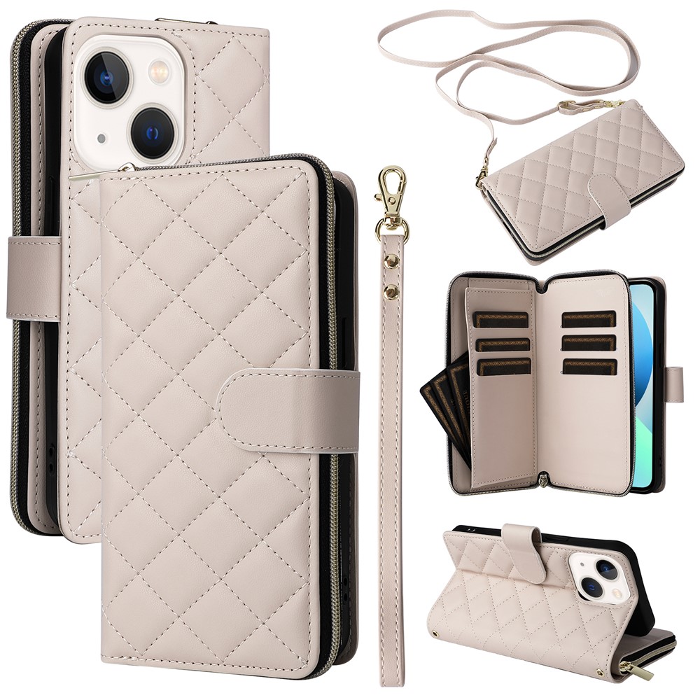 For iPhone 13 mini Case Leather Zipper Pouch Wallet Crossbody Phone Cover - Beige