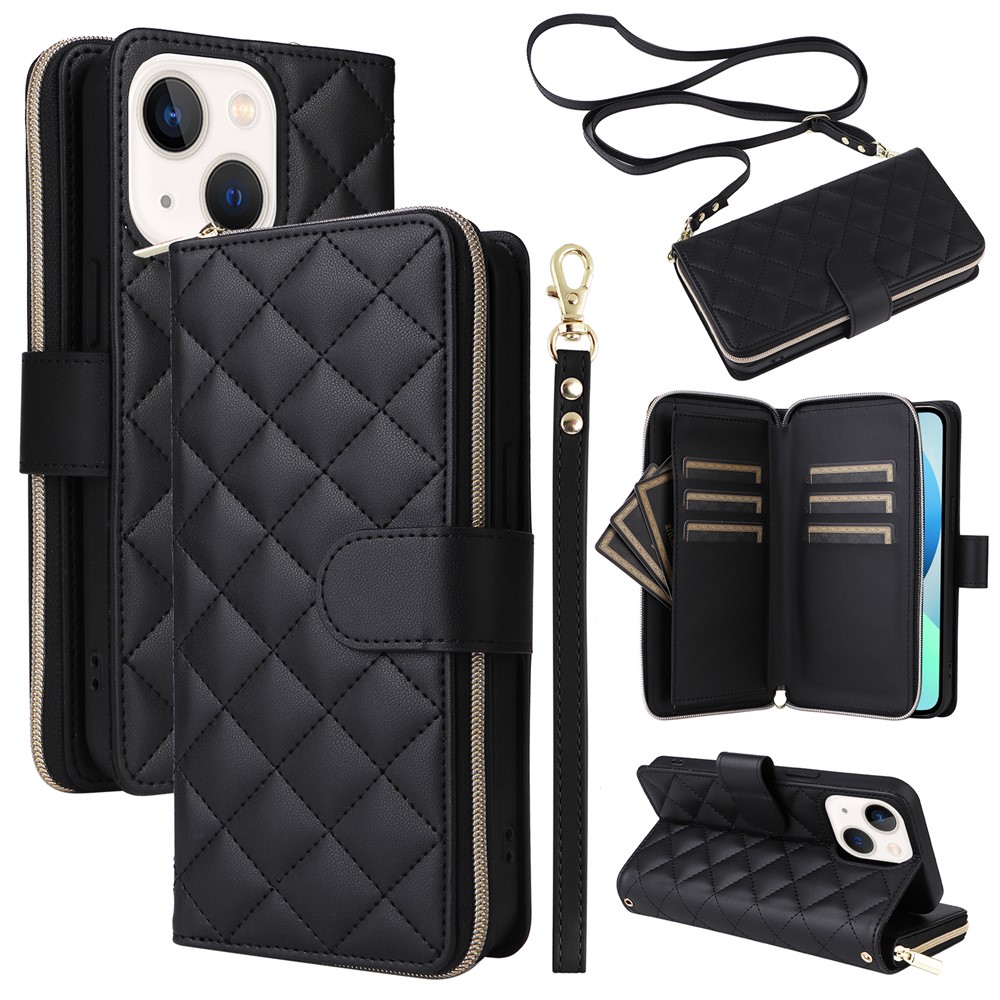 For iPhone 13 mini Case Leather Zipper Pouch Wallet Crossbody Phone Cover - Black