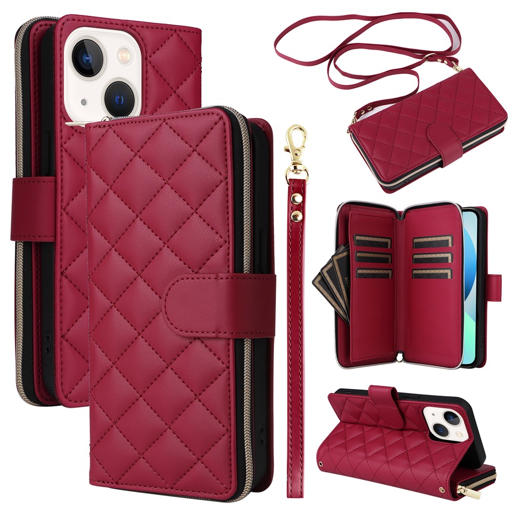 For iPhone 13 mini Case Leather Zipper Pouch Wallet Crossbody Phone Cover - Wine Red