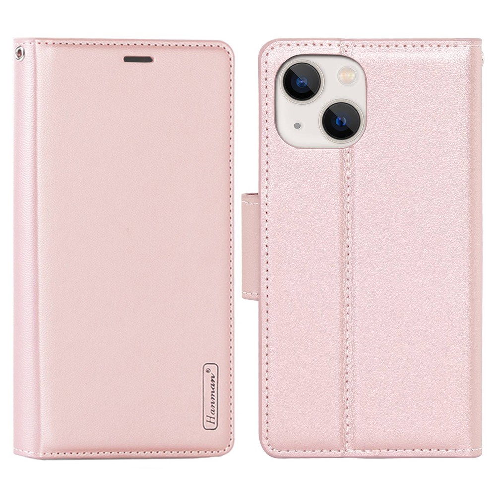 HANMAN Mill Series for iPhone 13 mini 5.4 inch PU Leather Foldable Stand Case Drop-proof Wallet Folio Flip Cover - Rose Gold