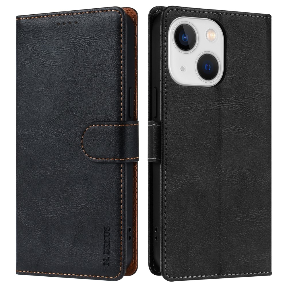 N.BEKUS CSJ-001 For 	Iphone 13 Wallet Case Solid Color PU Leather Phone Cover - Black