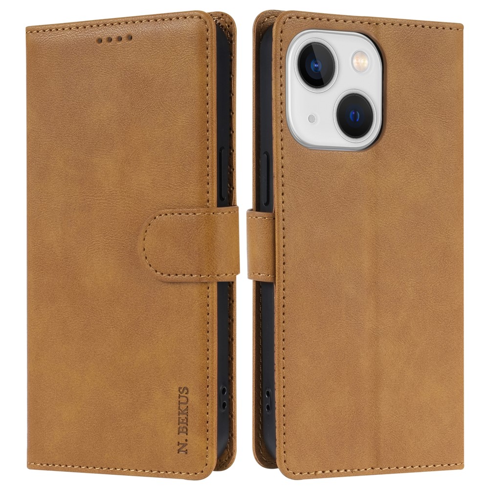 N.BEKUS CSJ-001 For 	Iphone 13 Wallet Case Solid Color PU Leather Phone Cover - Brown