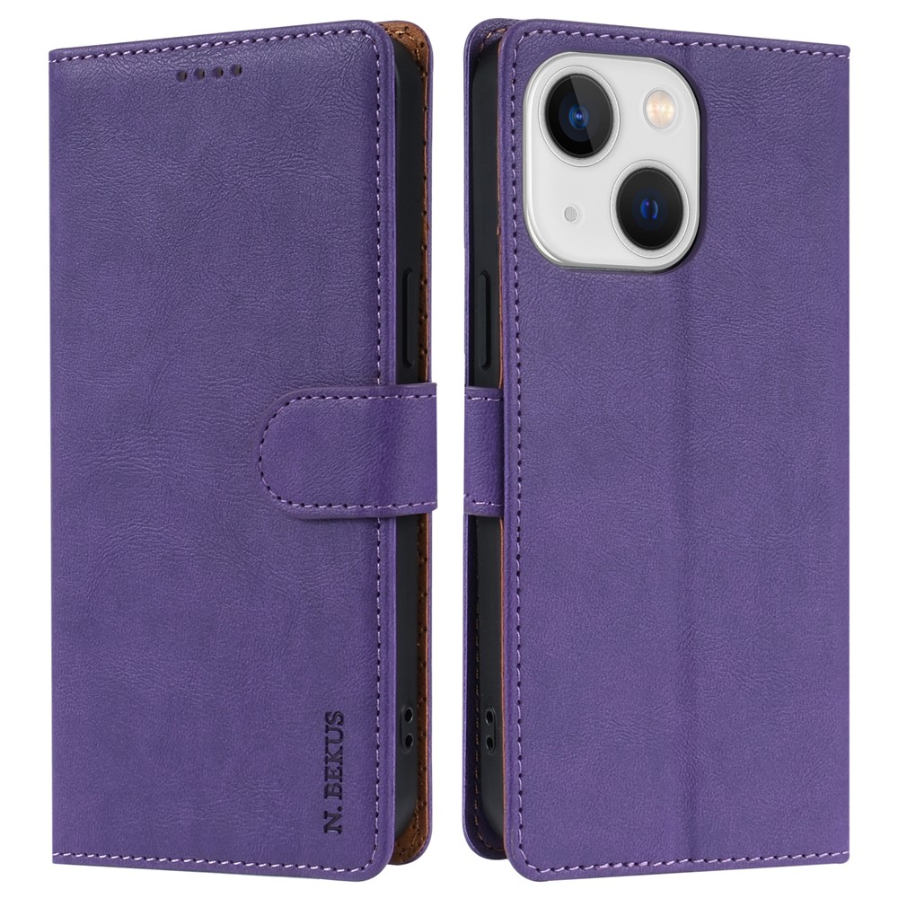 N.BEKUS CSJ-001 For 	Iphone 13 Wallet Case Solid Color PU Leather Phone Cover - Purple