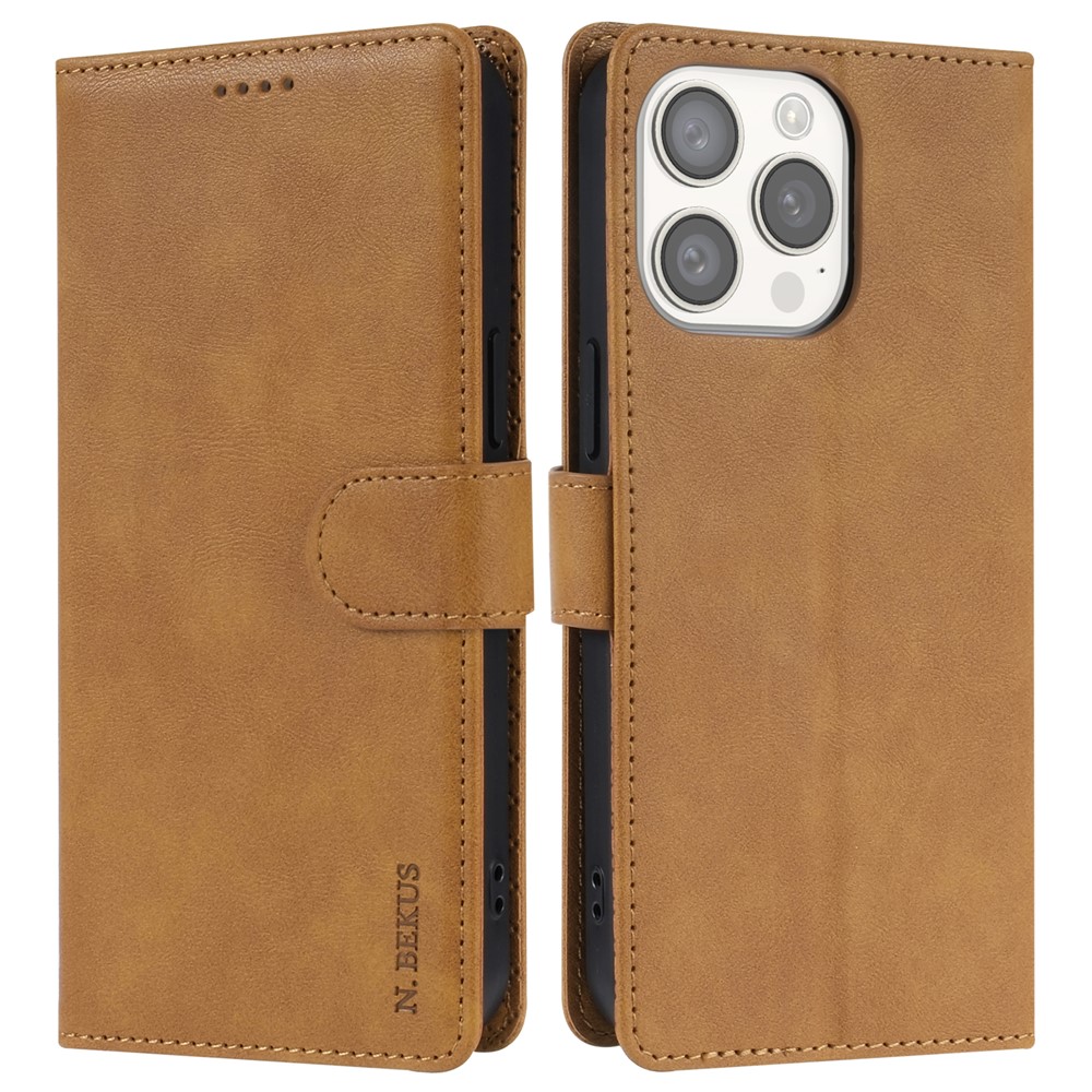 N.BEKUS CSJ-001 For iPhone 13 Pro Wallet Case Solid Color Leather Phone Cover - Brown