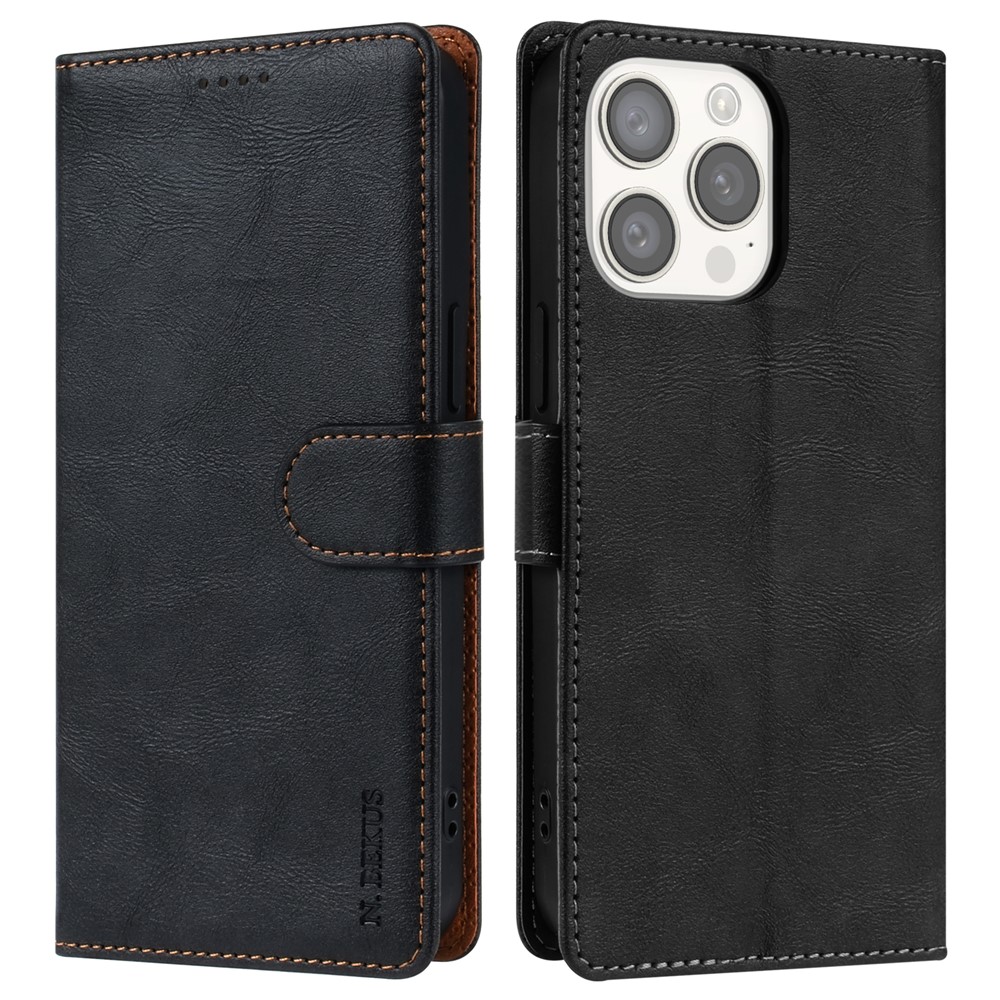 N.BEKUS CSJ-001 For iPhone 13 Pro Wallet Case Solid Color Leather Phone Cover - Black