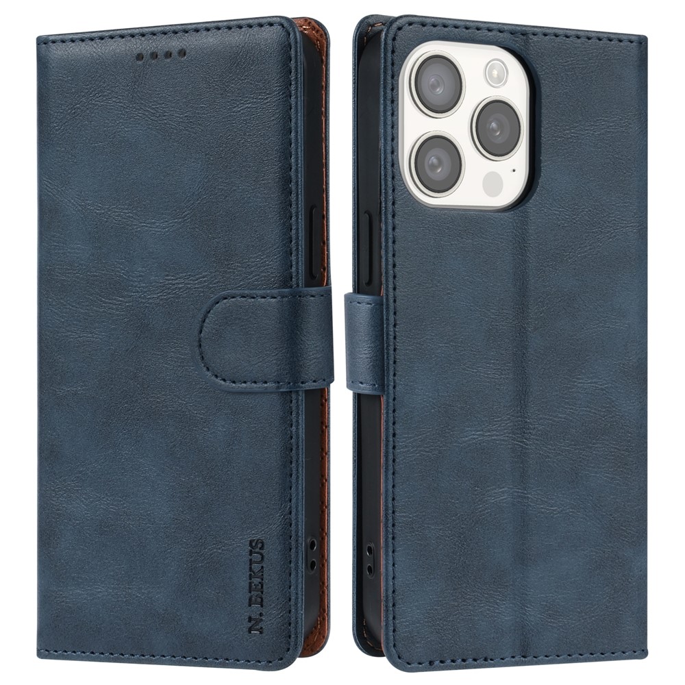 N.BEKUS CSJ-001 For iPhone 13 Pro Max Case Solid Color Leather Wallet Phone Cover Wholesale Distributors - Blue