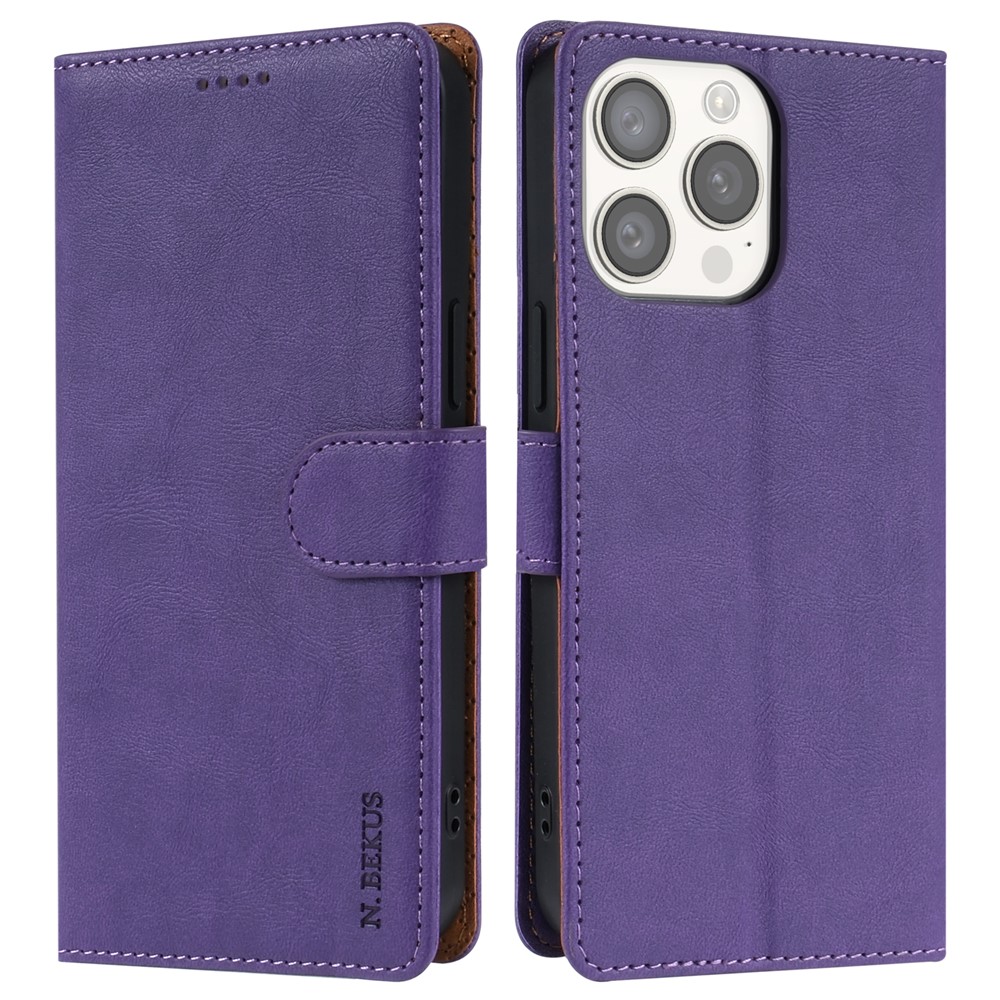 N.BEKUS CSJ-001 For iPhone 13 Pro Max Case Solid Color Leather Wallet Phone Cover Wholesale Distributors - Purple