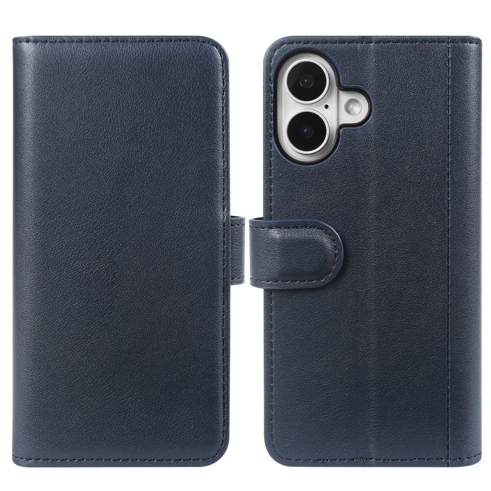 For iPhone 16 Plus Phone Cases Genuine Split Leather Wallet Mobile Cover Stand - Blue