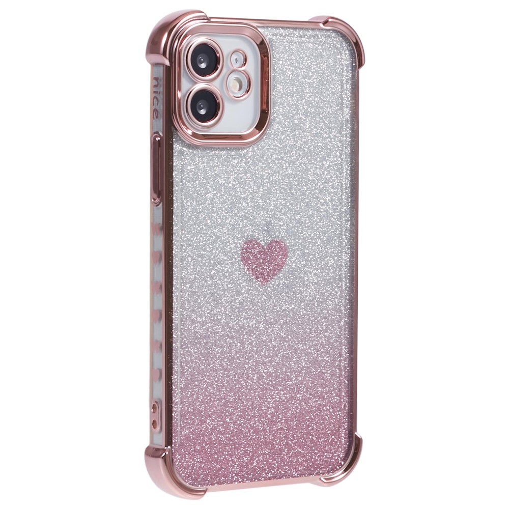 For iPhone 12 Case Heart Pattern TPU Glitter Phone Cover Four Corners Air Cushion - Pink