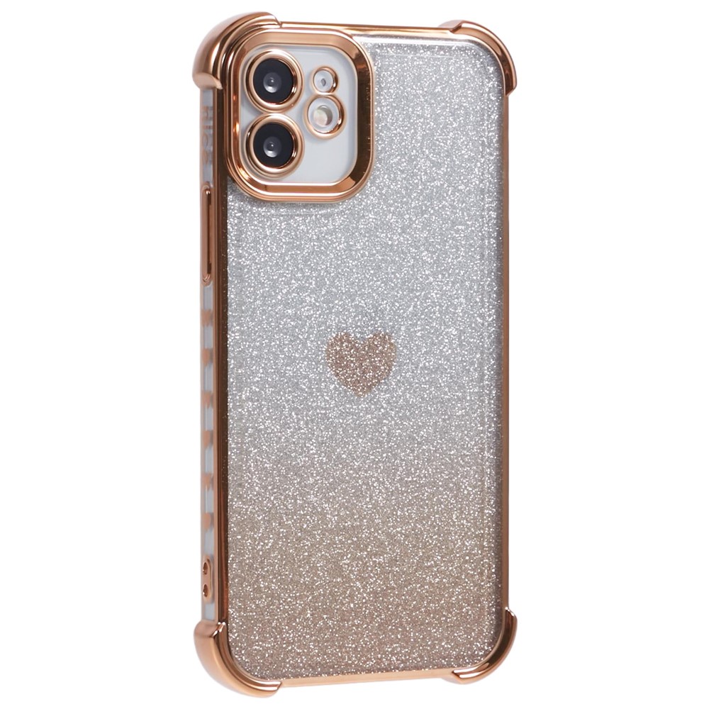 For iPhone 12 Case Heart Pattern TPU Glitter Phone Cover Four Corners Air Cushion - Gold