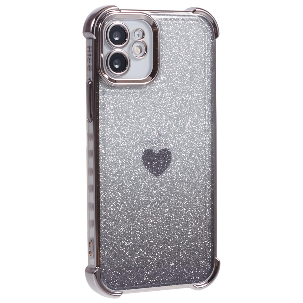 For iPhone 12 Case Heart Pattern TPU Glitter Phone Cover Four Corners Air Cushion - Grey