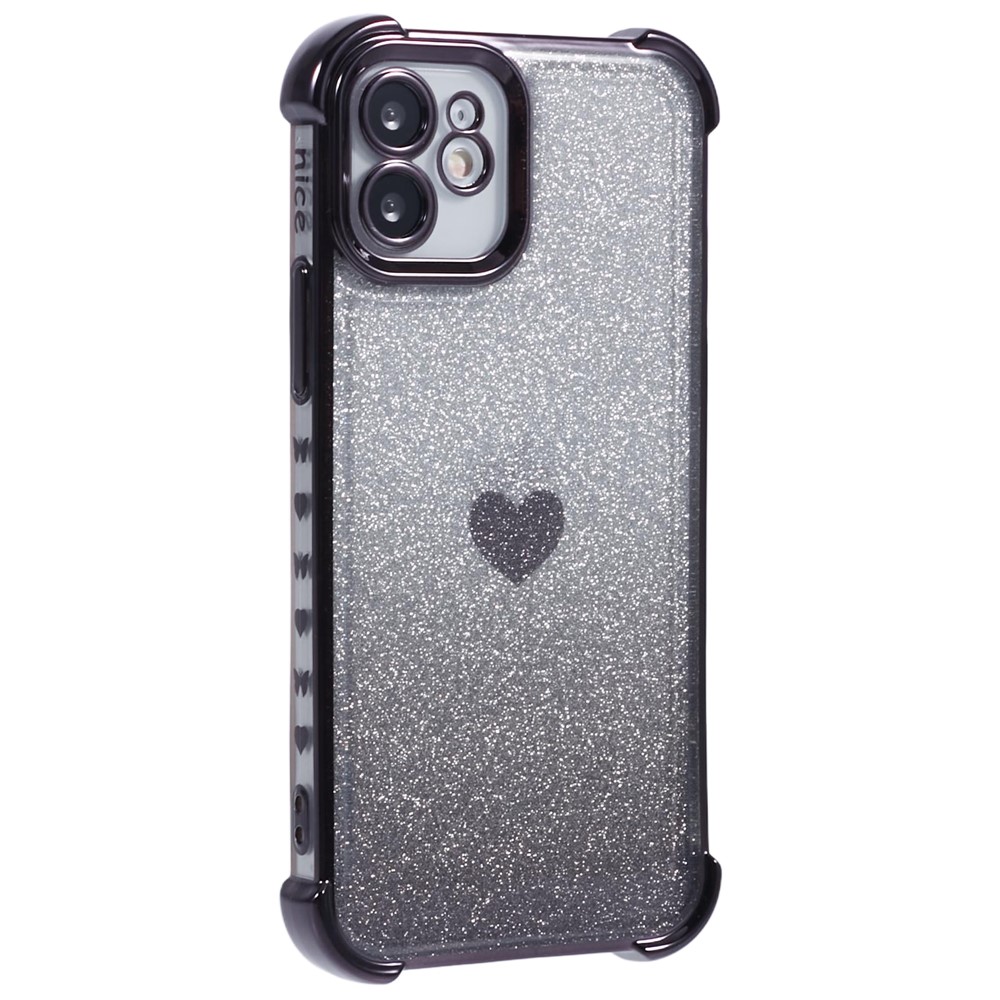 For iPhone 12 Case Heart Pattern TPU Glitter Phone Cover Four Corners Air Cushion - Black