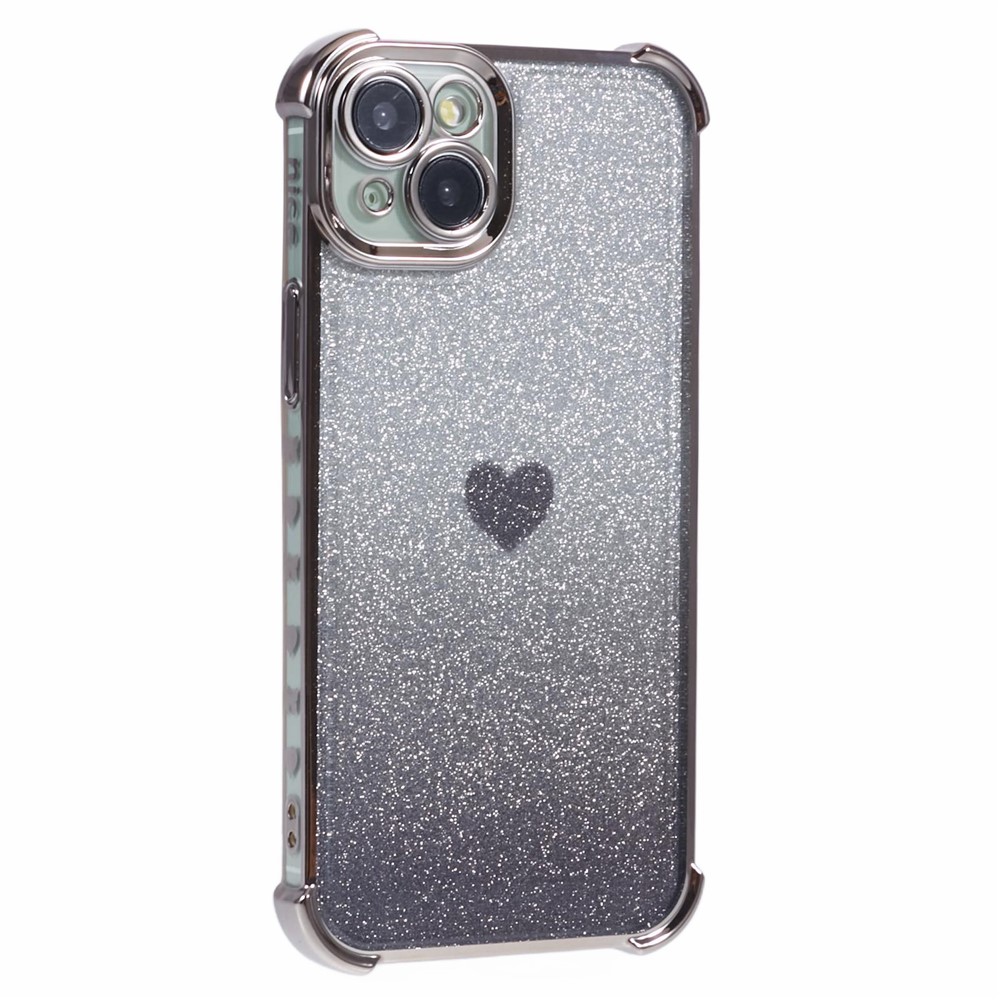 For iPhone 15 Plus Case Heart Pattern Glitter Anti-Drop TPU Phone Cover - Grey