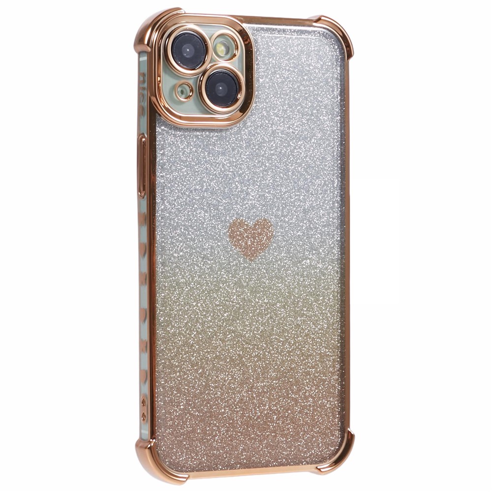For iPhone 15 Plus Case Heart Pattern Glitter Anti-Drop TPU Phone Cover - Gold