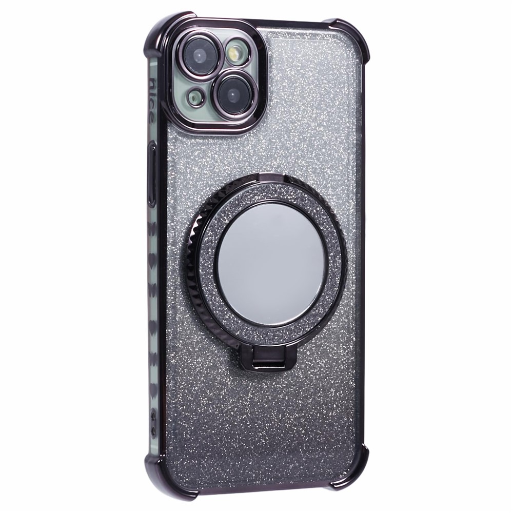 For iPhone 15 Plus Kickstand Case Glitter TPU Phone Cover with Mirror - Black