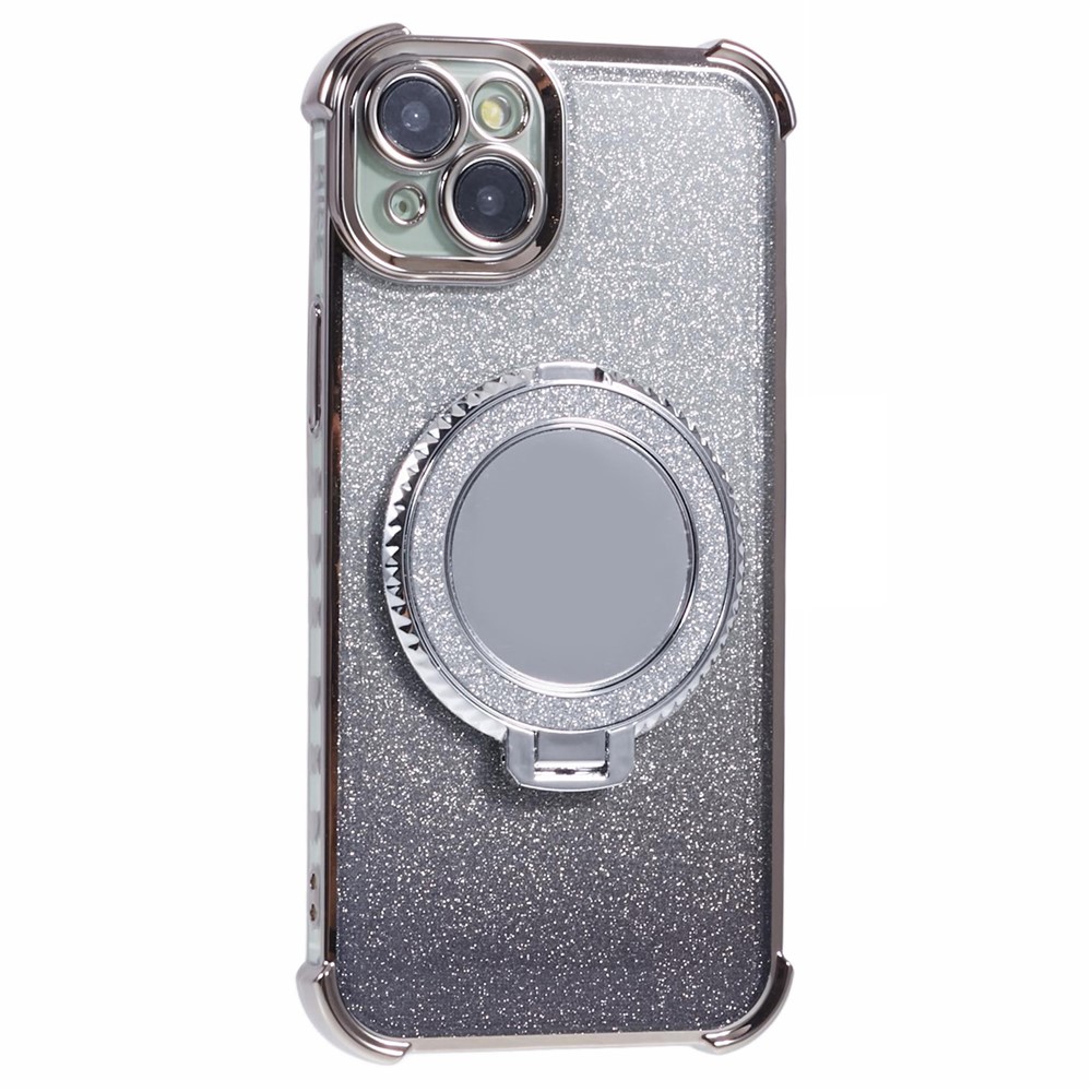 For iPhone 15 Plus Kickstand Case Glitter TPU Phone Cover with Mirror - Grey