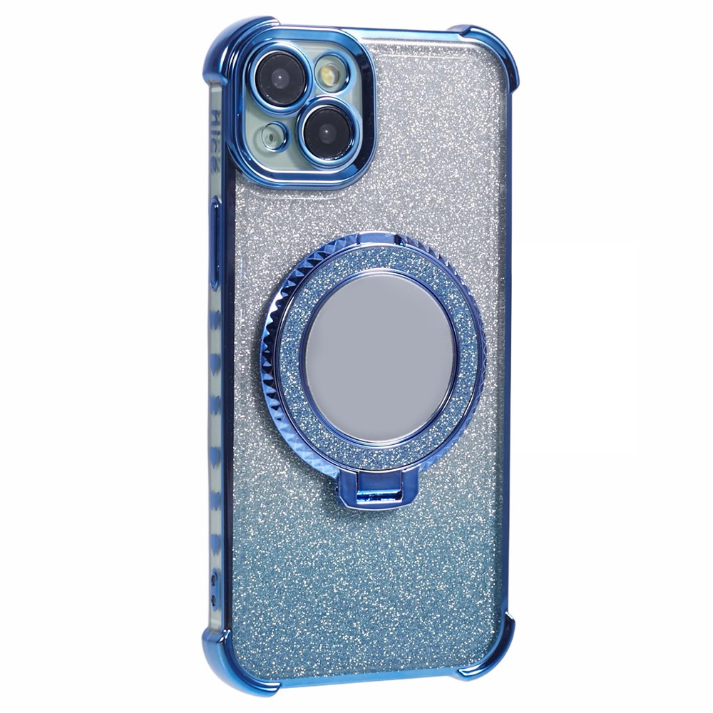 For iPhone 15 Plus Kickstand Case Glitter TPU Phone Cover with Mirror - Blue
