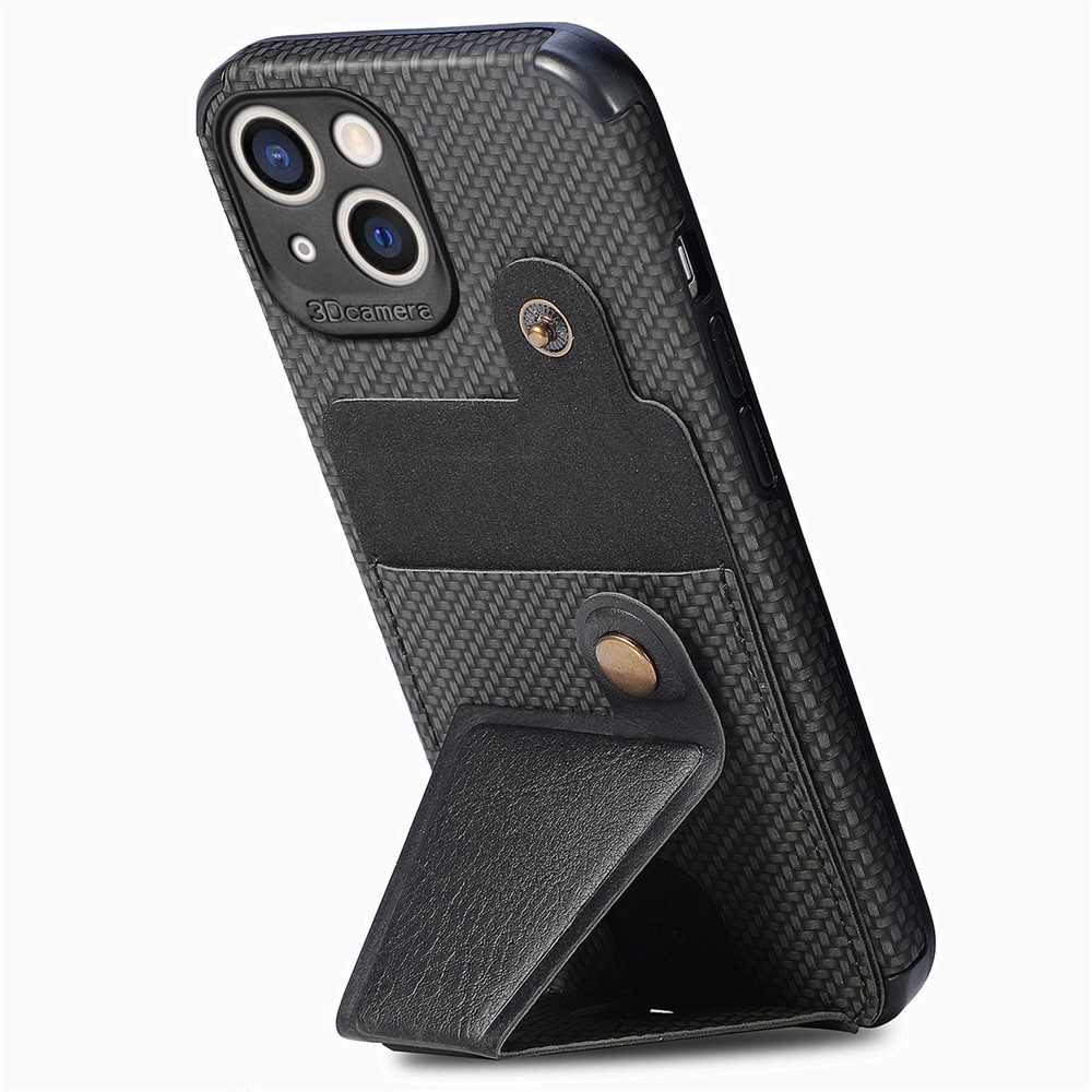 For iPhone 14 Max 6.7 inch Anti-scratch Phone Case K-shape Kickstand Carbon Fiber Texture Phone Cover Card Holder - Black-1