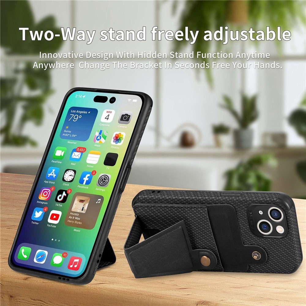 For iPhone 14 Max 6.7 inch Anti-scratch Phone Case K-shape Kickstand Carbon Fiber Texture Phone Cover Card Holder - Black-5