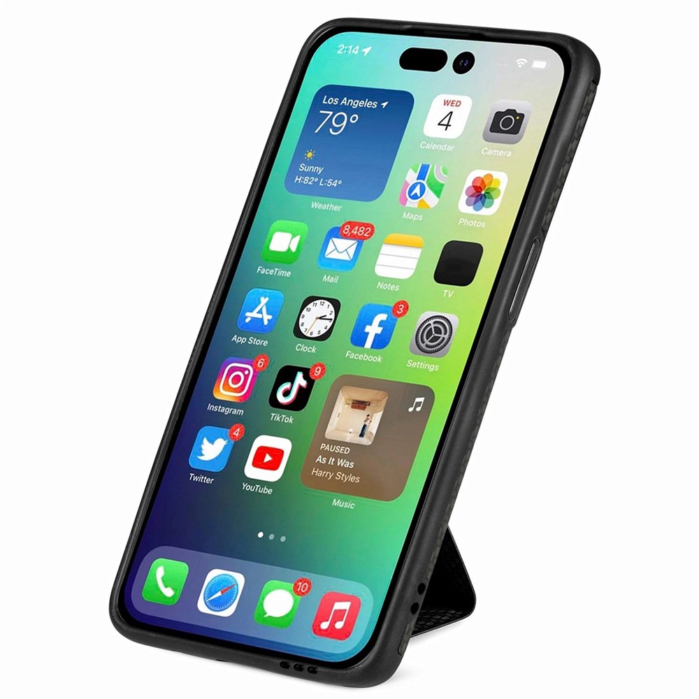 Anti-drop Phone Case for iPhone 14 6.1 inch, K-shape Kickstand Card Holder Carbon Fiber Texture Phone Cover Built-in Metal Sheet - Black-2