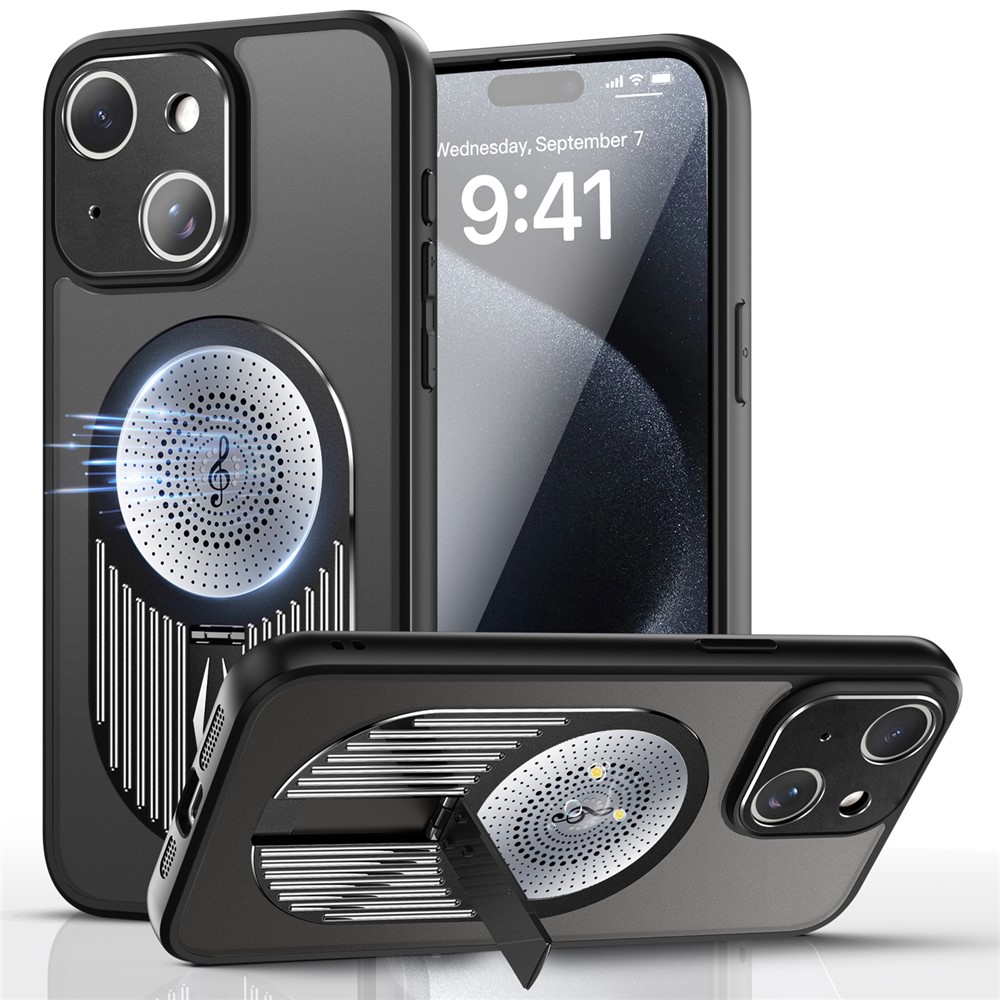 For iPhone 13 Graphene Heat Dissipation Case Silicone+PC Kickstand Phone Cover - Black