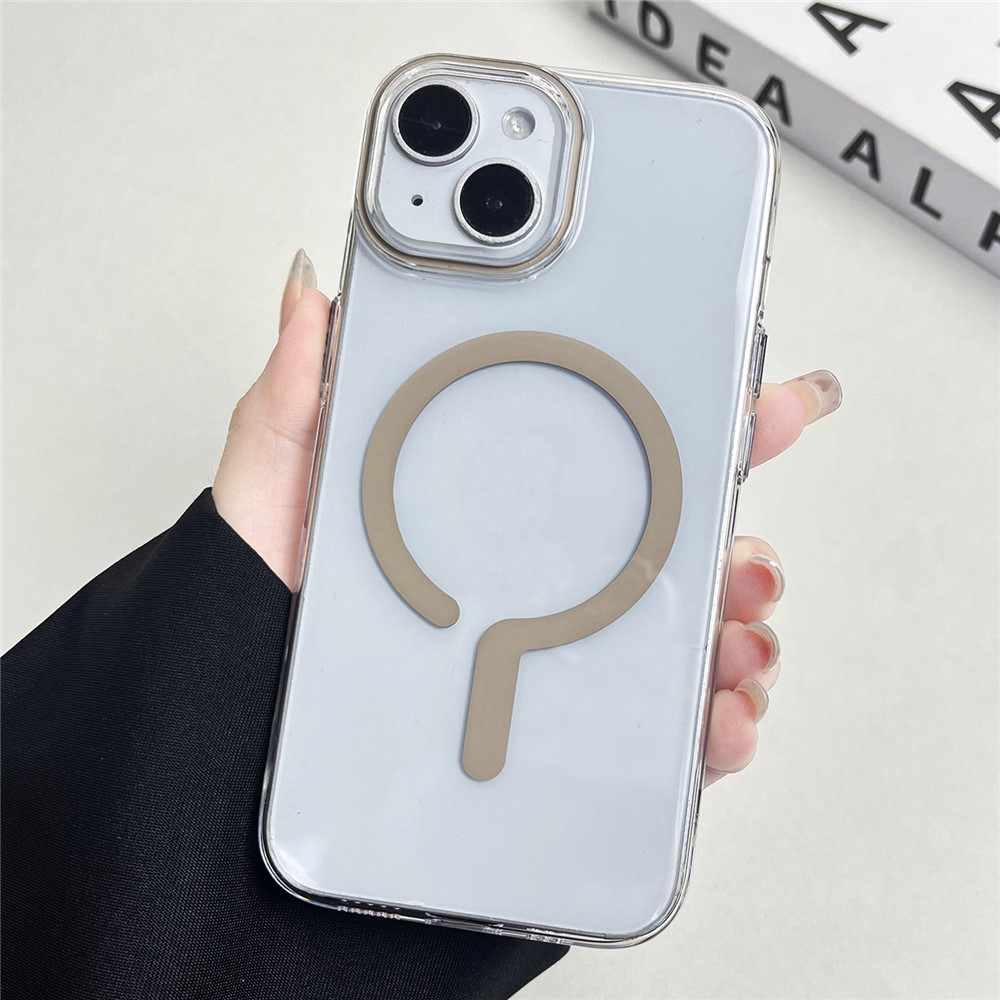 For iPhone 14 Clear Magnetic Case Hard PC+Soft TPU Protective Phone Cover - Beige