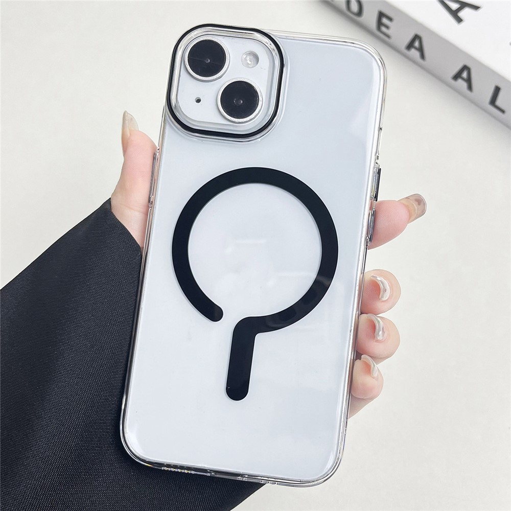 For iPhone 14 Clear Magnetic Case Hard PC+Soft TPU Protective Phone Cover - Black