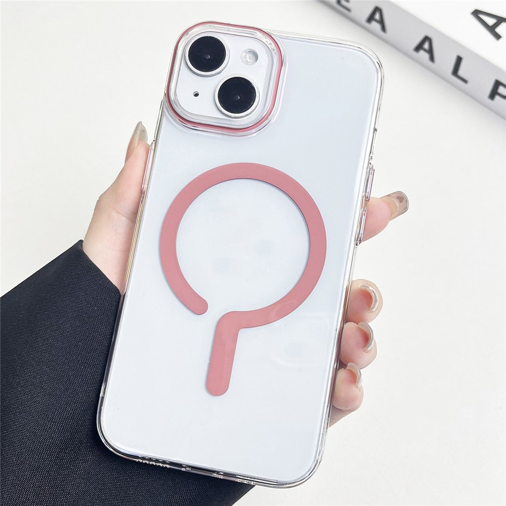 For iPhone 14 Clear Magnetic Case Hard PC+Soft TPU Protective Phone Cover - Pink