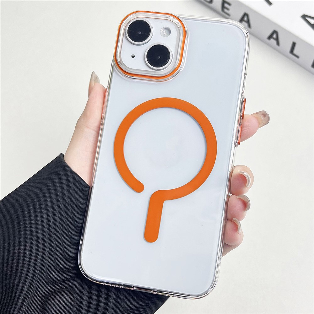 For iPhone 14 Clear Magnetic Case Hard PC+Soft TPU Protective Phone Cover - Orange