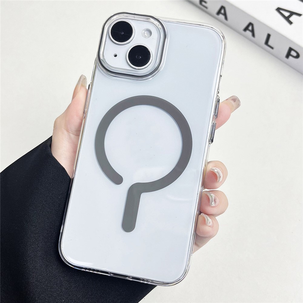 For iPhone 14 Clear Magnetic Case Hard PC+Soft TPU Protective Phone Cover - Titanium Grey
