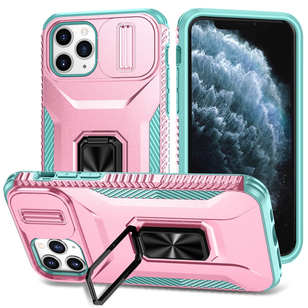 For iPhone 11 Pro Case PC+TPU Phone Cover Sliding Camshield Holder - Pink+Grey Green