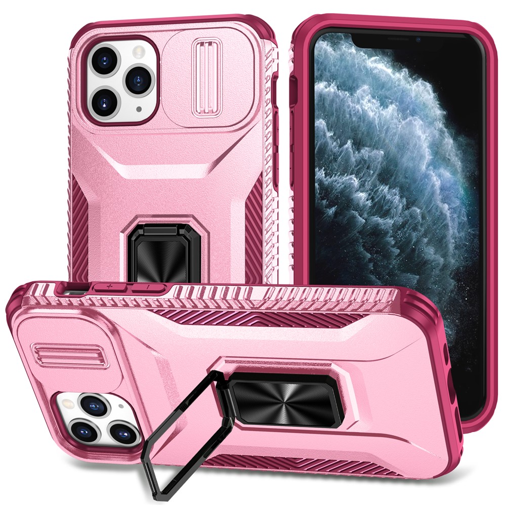 For iPhone 11 Pro Case PC+TPU Phone Cover Sliding Camshield Holder - Pink+Wine Red