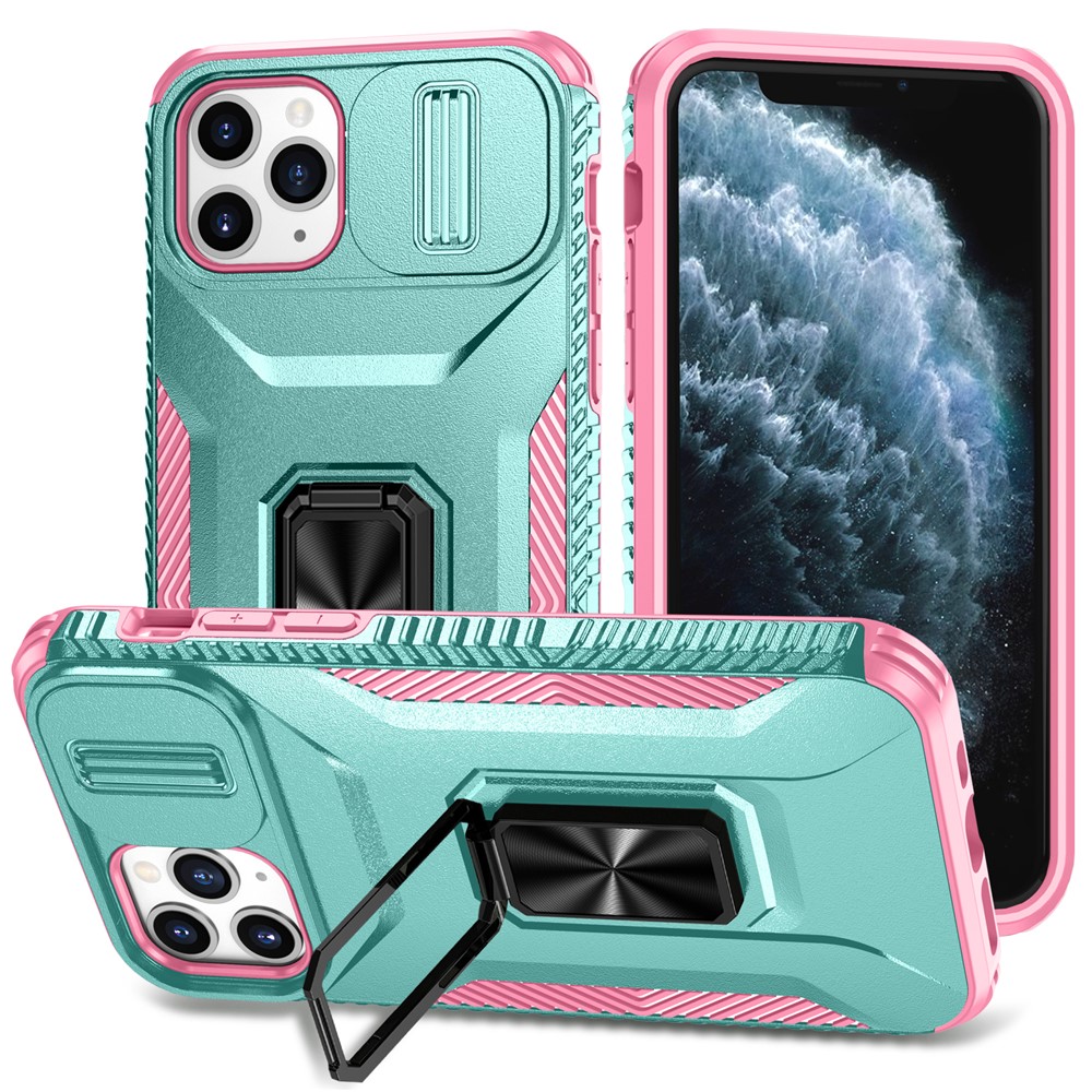 For iPhone 11 Pro Case PC+TPU Phone Cover Sliding Camshield Holder - Grey Green+Pink