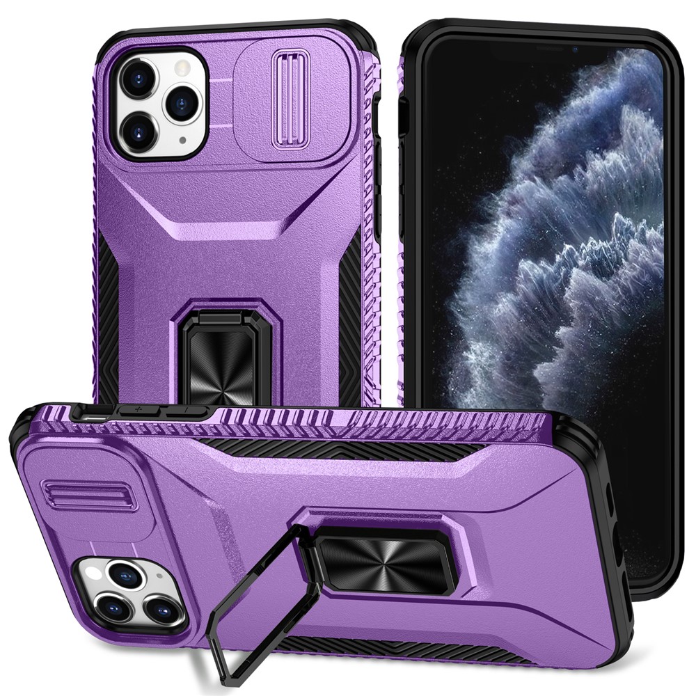 For iPhone 11 Pro Max Case TPU+PC Lens Protection Phone Cover with Ring Kickstand -  Purple