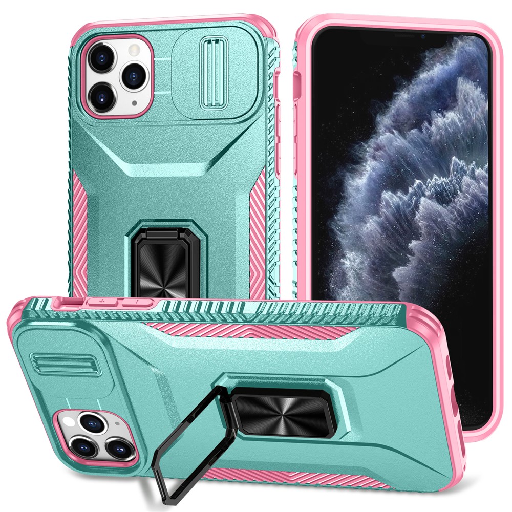 For iPhone 11 Pro Max Case TPU+PC Lens Protection Phone Cover with Ring Kickstand -  Grey Green+Pink