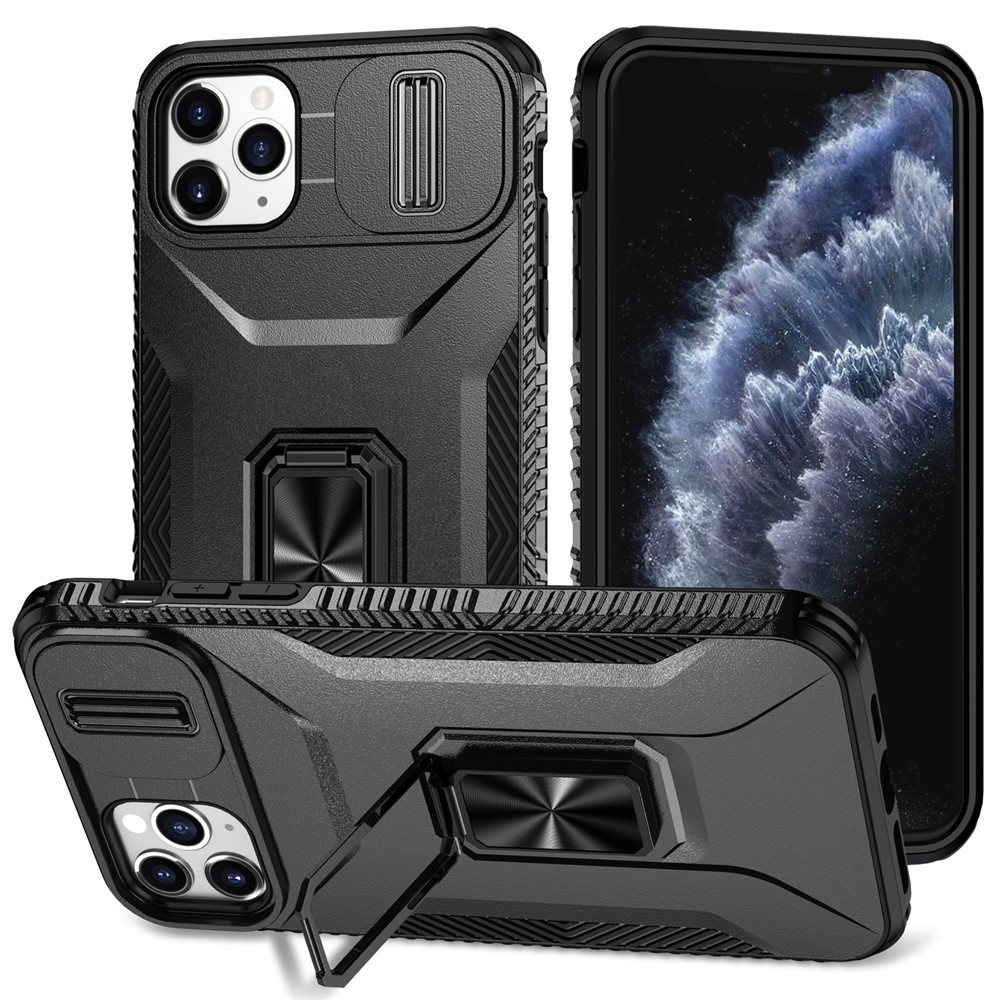 For iPhone 11 Pro Max Case TPU+PC Lens Protection Phone Cover with Ring Kickstand -  Black