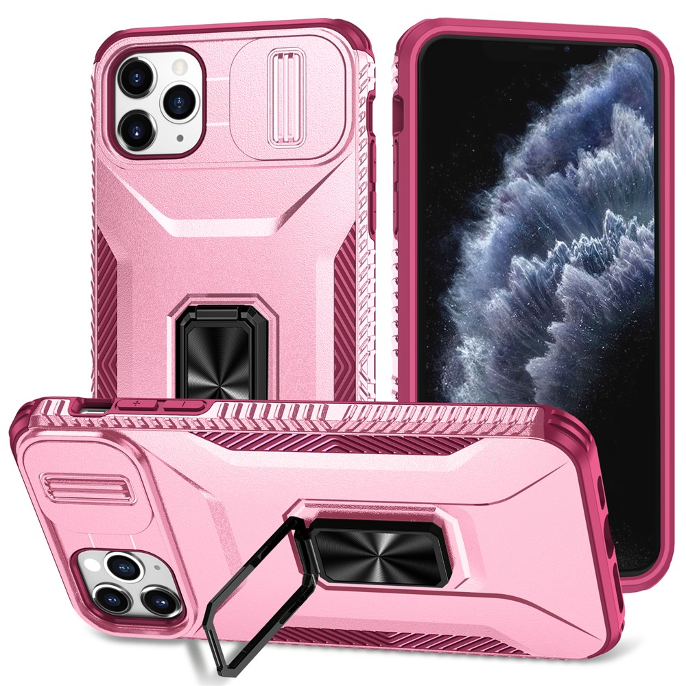 For iPhone 11 Pro Max Case TPU+PC Lens Protection Phone Cover with Ring Kickstand - Pink+Wine Red