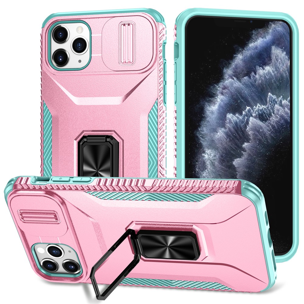For iPhone 11 Pro Max Case TPU+PC Lens Protection Phone Cover with Ring Kickstand - Pink+Grey Green