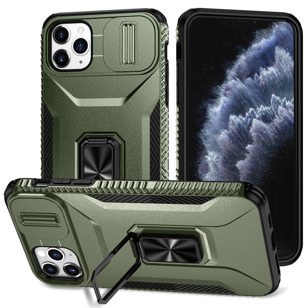 For iPhone 11 Pro Max Case TPU+PC Lens Protection Phone Cover with Ring Kickstand - Green