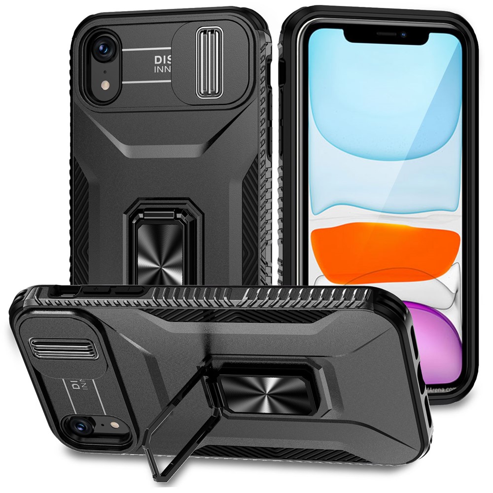 For iPhone XR Case TPU+PC Ring Kickstand Phone Cover Support Magnetic Car Mount -  Black