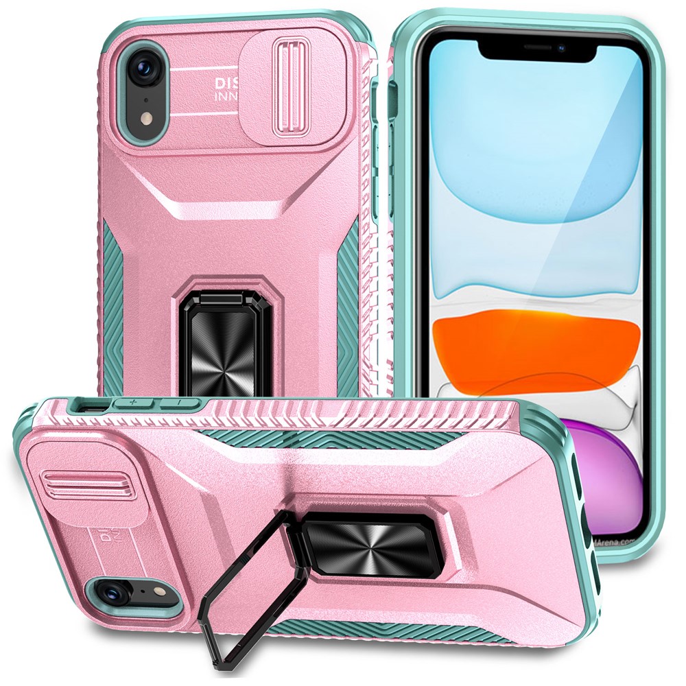 For iPhone XR Case TPU+PC Ring Kickstand Phone Cover Support Magnetic Car Mount -  Pink+Grey Green