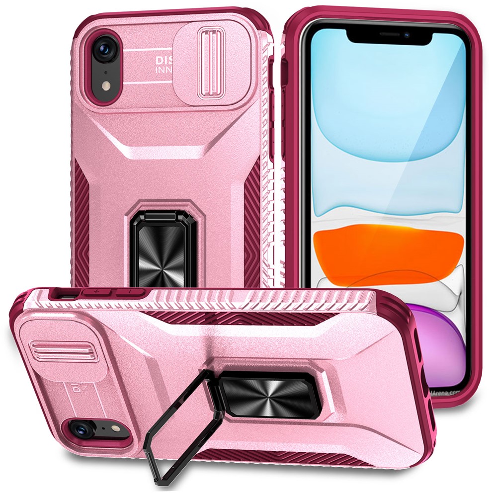 For iPhone XR Case TPU+PC Ring Kickstand Phone Cover Support Magnetic Car Mount -  Pink+Wine Red